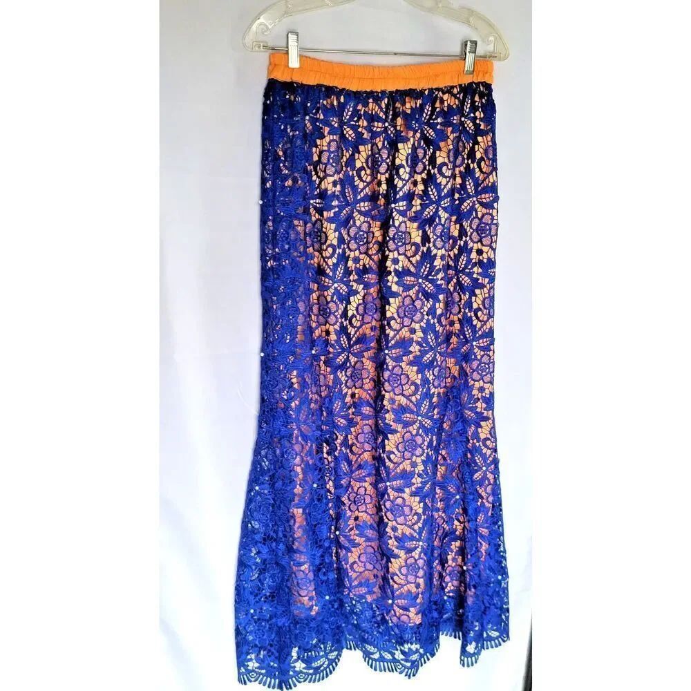 Handmade OOAK Blue and Orange Lace Maxi Skirt Pearl M